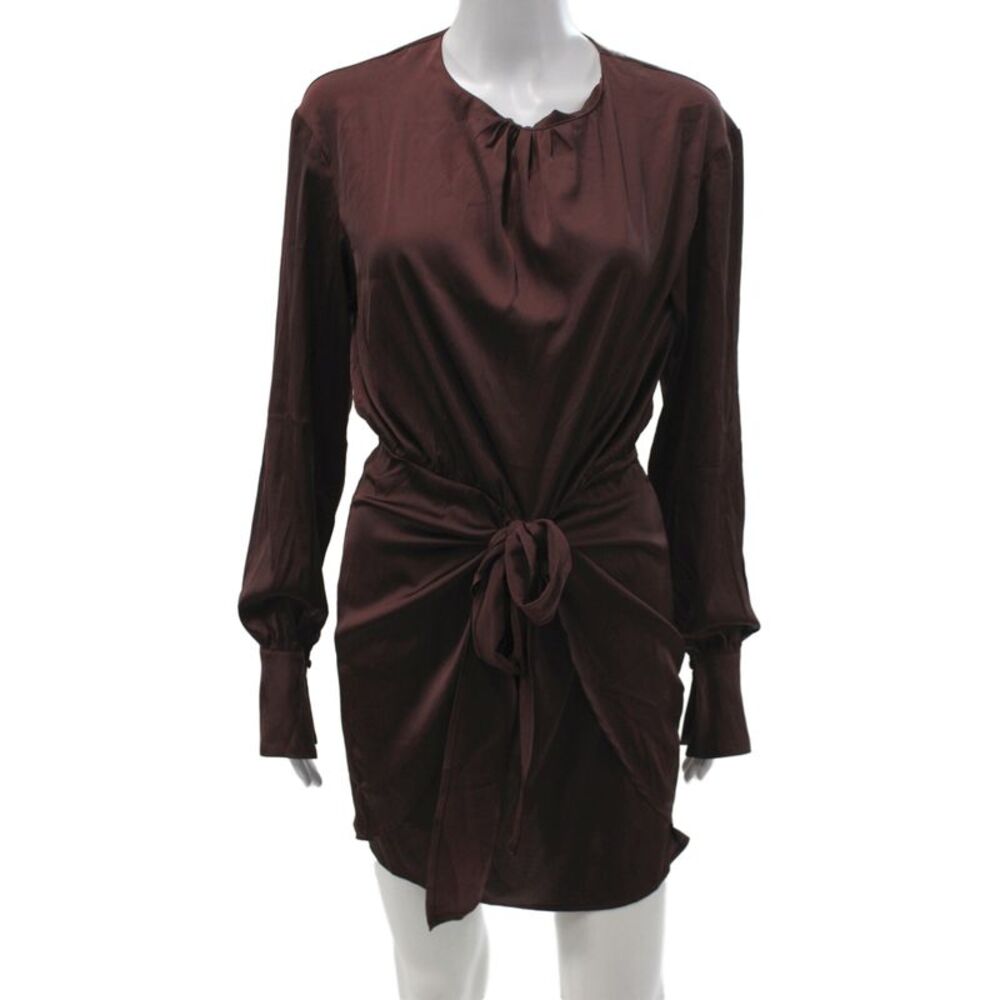Runaway The Label Womens Brown Mini Dress Long Sleeve Tie Round Neck Size S